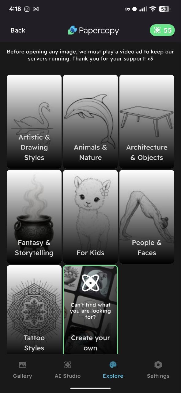 The Explore tab, with line art grouped into categories