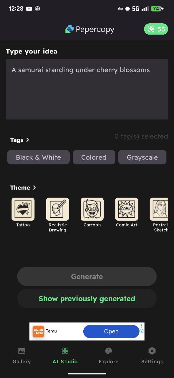 The AI Studio screen, where you type an idea and pick a theme